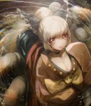  1girl blonde_hair bow breasts choker chromatic_aberration cleavage from_above hair_bow hair_bun insect_girl japanese_clothes kurodani_yamame looking_at_viewer monster_girl multiple_legs no-kan obi red_eyes saliva sash short_hair smile solo spider_girl tongue tongue_out touhou wide_sleeves 