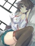  1girl blue_eyes boots breasts brown_hair hiei_(kantai_collection) highres japanese_clothes kantai_collection large_breasts lying miniskirt nao_(qqqbb) nontraditional_miko short_hair skirt thigh-highs thigh_boots zettai_ryouiki 