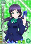  1girl aqua_eyes bangs blazer blush bowtie buttons card card_(medium) character_name diamond_(shape) gradient gradient_background green_background green_bowtie holding holding_card layered_clothing long_hair long_sleeves looking_at_viewer love_live!_school_idol_festival love_live!_school_idol_project low_twintails official_art parted_bangs plaid plaid_skirt purple_hair school_uniform scrunchie shirt skirt smile solo sparkle standing star striped striped_bowtie tarot toujou_nozomi twintails white_shirt 