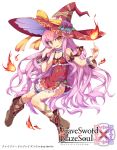  1girl fire hat ishii666 long_hair looking_at_viewer magic pink_hair small_breasts smile solo very_long_hair witch witch_hat yellow_eyes 