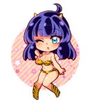  1girl aqua_eyes bikini blue_hair breasts cosplay highres horns jinguu_shion looking_at_viewer lum lum_(cosplay) natsu_hotaru one_eye_closed original short_hair solo star swimsuit tiger_print urusei_yatsura 