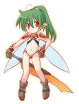  1girl blush fairy_wings green_hair hand_on_hip kso looking_at_viewer ponytail red_eyes simple_background solo sword weapon white_background wings 