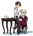  2boys ahoge aldnoah.zero blue_eyes board_game boots brown_eyes brown_hair chair chess chess_piece chessboard cravat crossed_legs cup drinking epaulettes holster jacket kaizuka_inaho male_focus multiple_boys semillon short_hair silver_hair sitting slaine_troyard teacup 