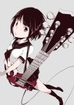  1girl absurdres black_hair bob_cut collarbone dutch_angle from_above grey_background guitar highres instrument looking_at_viewer looking_up open_mouth original rca red_eyes school_uniform serafuku short_hair simple_background solo 
