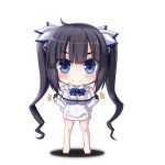  /\/\/\ 1girl akatuti bare_legs barefoot black_hair blue_eyes breasts chibi cleavage dress dungeon_ni_deai_wo_motomeru_no_wa_machigatteiru_darou_ka gloves hair_ornament hestia_(danmachi) long_hair looking_at_viewer simple_background smile solo twintails very_long_hair white_background white_dress white_gloves 