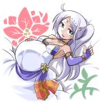  1girl bare_shoulders blue_eyes breasts cleavage crescent crescent_hair_ornament dress elbow_gloves fingerless_gloves gloves hair_ornament kugelschreiber long_hair original ponytail pregnant purple_hair smile solo 