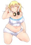  1girl bandeau bare_shoulders blonde_hair blush breasts cleavage closed_eyes headphones headphones_around_neck huge_breasts midriff navel nitroplus plump short_hair smile solo super_pochaco tubetop twintails v 