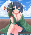  1girl :q airplane bare_shoulders blue_eyes blue_hair breasts brown_gloves cleavage crossed_legs gloves hair_ribbon highres japanese_clothes kantai_collection looking_at_viewer maromi_gou off_shoulder ribbon short_hair sitting solo souryuu_(kantai_collection) tongue tongue_out twintails 
