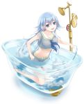  1girl bathtub blue_eyes blue_hair breasts cleavage crop_top fantasy hunoi kneeling long_hair midriff navel open_mouth original partially_submerged school_uniform serafuku smile solo 