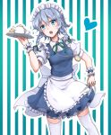  1girl apron aqua_eyes between_fingers braid cup furapechi hair_ribbon heart izayoi_sakuya knife looking_at_viewer maid_headdress open_mouth pocket_watch ribbon short_hair silver_hair skirt skirt_set solo strawberry_shortcake striped striped_background teacup teapot thigh-highs touhou tray tress_ribbon twin_braids waist_apron watch wrist_cuffs zettai_ryouiki 