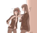  2girls against_wall artist_name black_hair blush casual eyebrows hair_twirling hand_in_another&#039;s_hair hand_in_pocket height_difference herokick kill_la_kill kiryuuin_satsuki letterman_jacket long_hair looking_away matoi_ryuuko multiple_girls redhead sepia short_hair smile spot_color thick_eyebrows yuri 