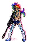  1girl anti-materiel_rifle bikini_top boots breasts cleavage cosplay cowboy_boots ddhew fingerless_gloves full_body gloves grin gun hair_ornament highres huge_weapon long_hair midriff multicolored_hair my_little_pony my_little_pony_friendship_is_magic personification ponytail rainbow_dash rainbow_hair rifle scarf shorts smile sniper_rifle solo tengen_toppa_gurren_lagann thigh-highs torn_clothes torn_thighhighs transparent_background violet_eyes weapon yoko_littner yoko_littner_(cosplay) 