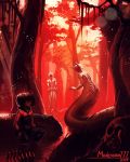  1girl aniece_(nitrotitan) bodysuit dark_skin demon_girl forest hiding highres hood_down lamia monster monster_girl nature nitrotitan original pool_of_blood red red_eyes short_twintails twintails 