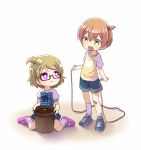  2girls :d bandaid bandaid_on_knee bow brown_hair cat_print child dress flower_pot glasses hair_bobbles hair_bow hair_ornament hoshizora_rin jump_rope koizumi_hanayo looking_at_another love_live!_school_idol_project mary_janes multiple_girls open_mouth semi-rimless_glasses shikei_(jigglypuff) shoes short_hair shorts side_ponytail smile socks sprout t-shirt under-rim_glasses violet_eyes yellow_eyes young 