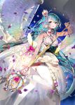  1girl between_breasts blue_hair breasts dahl-lange dress large_breasts long_hair looking_at_viewer petals pointy_ears qurare_magic_library smile solo staff thigh-highs very_long_hair white_dress white_legwear 