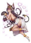  1girl animal_ears black_hair blush breasts dark_skin heart highres irudana large_breasts long_hair looking_at_viewer paws simple_background solo tail violet_eyes white_background 
