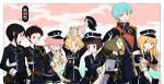  6+boys akita_toushirou animal_on_head aqua_hair artist_name atsushi_toushirou bangs black_gloves black_necktie blonde_hair bob_cut brown_hair double-breasted gloves gokotai gokotai&#039;s_tigers hair_over_one_eye hat height_difference hirano_toushirou ichigo_hitofuri kote l_hakase long_hair maeda_toushirou male_focus midare_toushirou military military_uniform multiple_boys necktie open_mouth peaked_cap pink_hair sayagata short_hair smile sode tiger tiger_cub touken_ranbu uniform white_tiger yagen_toushirou 