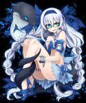  1girl armlet blue_clothes blue_eyes bracelet braid glasses hair_ribbon highres jewelry kaida_michi long_hair original ribbon senjou_no_electro_girl smile snake solo very_long_hair white_hair 