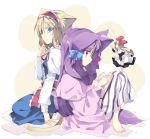  2girls alice_margatroid alternate_hairstyle animal_ears apron barefoot black_dress blonde_hair blue_dress blue_eyes book bow capelet cat_ears cat_tail commentary doll dress ear_wiggle hair_bow hair_ornament hairband kemonomimi_mode long_hair long_sleeves looking_at_another looking_at_viewer multiple_girls no_hat open_book patchouli_knowledge profile purple_hair satou_kibi shanghai_doll short_hair simple_background sitting smile striped striped_dress tail touhou vest violet_eyes waist_apron 