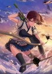  1girl airplane arrow black_legwear blue_skirt bow_(weapon) brown_eyes brown_hair japanese_clothes kaga_(kantai_collection) kantai_collection muneate pleated_skirt revision short_hair short_sleeves side_ponytail skirt solo thigh-highs weapon yi_l_chen_5 