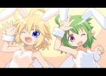  2girls animal_ears blonde_hair blue_eyes fairy_wings fang green_hair kso letterboxed looking_at_viewer multiple_girls one_eye_closed open_mouth rabbit_ears short_hair smile violet_eyes wings wrist_cuffs 