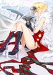  1girl ass bent_knees black_gloves black_panties blonde_hair boots brown_eyes cape fur_trim gloves goggles goggles_on_head highres panties pixiv_fantasia pixiv_fantasia_t realmbw short_hair sitting smoking solo thighs underwear 