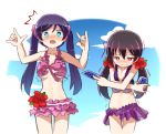  /\/\/\ 2girls \m/ bikini bikini_skirt black_hair blue_eyes blush breast_envy clouds cloudy_sky cosplay costume_switch covering covering_breasts double_\m/ flower hair_flower hair_ornament long_hair love_live!_school_idol_project multiple_girls oversized_clothes purple_hair red_eyes ribbon scrunchie shikei_(jigglypuff) sky swimsuit tarot tearing_clothes torn_clothes toujou_nozomi trembling twintails undersized_clothes yazawa_nico 