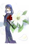  bangs blue_hair flower from_side fur_trim hair_flower hair_ornament japanese_clothes katana kimono lily_(flower) looking_to_the_side love_live!_school_idol_project obi petals sash sheath shikei_(jigglypuff) sonoda_umi standing sword unsheathed weapon yellow_eyes 