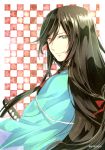  1boy black_hair green_eyes haori izumi-no-kami_kanesada japanese_clothes long_hair smile solo touken_ranbu zerotted 