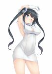  1girl armpits arms_up black_hair blue_eyes blush breasts cleavage cleavage_cutout dress dungeon_ni_deai_wo_motomeru_no_wa_machigatteiru_darou_ka gloves hair_ribbon hestia_(danmachi) highres kuroneko_shiro large_breasts long_hair looking_at_viewer one_eye_closed rei_no_himo ribbon solo stretch twintails white_dress white_gloves 