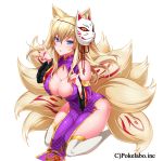  1girl akira_(natsumemo) animal_ears bare_shoulders blonde_hair blush breasts china_dress chinese_clothes cleavage cleavage_cutout detached_sleeves fox_ears fox_mask fox_tail large_breasts long_hair looking_at_viewer mask original simple_background solo tail thigh-highs white_background white_legwear 