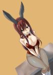  1girl animal_ears bare_shoulders between_legs blush boots bowtie breasts brown_background bunnysuit cleavage collarbone detached_collar erza_scarlet fairy_tail fake_animal_ears highleg highleg_leotard huge_breasts leotard lips long_hair mashima_hiro official_art pantyhose rabbit_ears red_eyes redhead shiny shiny_clothes sitting smile solo wide_hips wrist_cuffs 