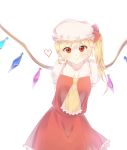  1girl arms_behind_back ascot blonde_hair blush contrapposto flandre_scarlet hat hat_ribbon hayenzis heart highres looking_at_viewer mob_cap puffy_short_sleeves puffy_sleeves red_eyes ribbon short_hair short_sleeves side_ponytail simple_background skirt skirt_set smile solo touhou white_background wings 