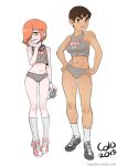  2girls abs black_hair breasts camera character_name colo_(nagrolaz) contrapposto dark_skin eyebrows full_body goggles goggles_around_neck green_eyes hair_over_one_eye hands_on_hips kneehighs midriff multiple_girls navel orange_hair original shoes short_hair small_breasts sneakers socks thick_eyebrows tomboy 