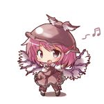  1girl bird_wings brown_dress chibi dress hand_on_own_chest hat kneehighs long_sleeves looking_at_viewer lowres musical_note mystia_lorelei open_mouth pink_hair pointing ryogo short_hair simple_background solo touhou violet_eyes white_background wings 