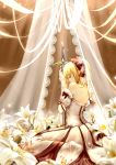  1girl ahoge blonde_hair caliburn clouble fate/stay_night fate/unlimited_codes fate_(series) field flower flower_field gloves kneeling lily_(flower) saber saber_lily solo 