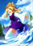  1girl :d blonde_hair blue_eyes eyes hat k.ei long_hair moriya_suwako open_mouth short_hair skirt smile solo thigh-highs touhou water white_legwear 