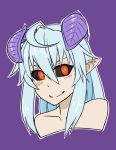  1girl ahoge animated animated_gif black_sclera blue_hair blush demon_girl demon_horns headbobbing horns less lilim_(monster_girl_encyclopedia) monster_girl_encyclopedia pointy_ears portrait purple_background red_eyes simple_background smile solo 