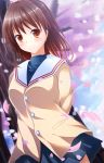  1girl brown_eyes brown_hair cherry_blossoms clannad furukawa_nagisa highres ichiki_yuu school_uniform short_hair 