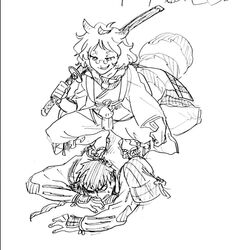  1boy 1girl animal_ears armor crossover doutanuki_masakuni futatsuiwa_mamizou glasses japanese_clothes leaf leaf_on_head lying monochrome oimo_(14sainobba) on_person on_stomach one_eye_closed pince-nez raccoon_ears raccoon_tail sandals scar scarf sketch smile squatting sweat sword tail touhou touken_ranbu weapon 