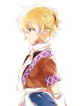  1girl arm_warmers blonde_hair from_side green_eyes highres japanese_clothes leotard mizuhashi_parsee pointy_ears scarf short_hair six_(fnrptal1010) solo touhou white_background 
