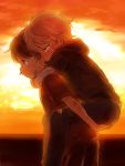  2boys aldnoah.zero brown_hair child green_eyes kaizuka_inaho kl multiple_boys piggyback slaine_troyard sunset tears younger 