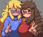  2girls alternate_color blonde_hair blue_eyes blush breast_press breasts brown_eyes brown_hair colored_eyelashes dual_persona eyebrows freckles frown glasses grey_background large_breasts long_hair matsuda_yuusuke messy_hair multiple_girls original plump red-framed_glasses semi-rimless_glasses simple_background sweat sweatdrop sweater symmetrical_docking thick_eyebrows track_suit under-rim_glasses v very_long_hair yonezawa_natsumi yuusha_to_maou zipper 