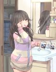  1girl bangs bathroom black_hair commentary_request cup long_hair lotion_bottle mikkii mirror mug one_eye_closed original pajamas rubbing_eyes sink sleepy soap_bottle solo sweater toothbrush toothbrush_in_mouth toothpaste towel wavy_hair 