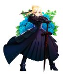  1girl absurdres armor armored_dress blonde_hair blue_rose dark_excalibur dress fate/stay_night fate_(series) flower gauntlets hair_bun hands_on_hilt highres mochaabx planted_sword planted_weapon rose saber saber_alter solo sword weapon yellow_eyes 