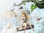  1girl bare_legs bird birdcage blonde_hair blue_eyes bound_wrists cage clouds cloudy_sky dress fairy fairy_wings highres leaf long_hair looking_away original pointy_ears sitting sky ume_(illegal_bible) vines white_dress wings 