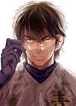  1boy ace_of_diamond baseball_uniform brown_hair glasses isamu miyuki_kazuya sportswear sweat yellow_eyes 
