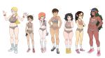 6+girls abs bags_under_eyes black_hair blonde_hair blue_eyes blue_hair breasts brown_hair camera character_name colo_(nagrolaz) contrapposto crossed_arms dark_skin eyebrows fingerless_gloves flat_chest full_body glasses gloves goggles goggles_around_neck green_eyes green_hair grin group_shot hair_over_one_eye half-closed_eyes hand_on_hip hands_on_hips headband height_chart height_difference kneehighs large_breasts long_hair midriff mound_of_venus muffin_top multiple_girls navel orange_hair original petite plump ponytail semi-rimless_glasses shoes short_hair short_shorts shorts small_breasts smile sneakers socks sports_bra standing thick_eyebrows tomboy toned under-rim_glasses very_dark_skin white_background wristband yellow_eyes 