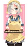  1girl apron aqua_eyes black_legwear blue_eyes blush cookie cowboy_shot food grey_skirt hair_ornament hair_over_one_eye hairclip hamakaze_(kantai_collection) head_scarf heart kantai_collection looking_at_viewer mipe mittens neckerchief pantyhose pleated_skirt sailor_collar school_uniform serafuku short_hair silver_hair skirt solo tray valentine 