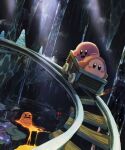  cart cave crab dark fire happy highres kirby kirby_(series) kirby_64 light light_rays molten_rock monster open_mouth railroad_tracks signature suyasuyabi tongue waddle_dee water waterfall 